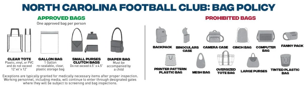 WakeMed Soccer Park clear bag policy. Clear tote bags (no larger than 12"x6"x12"), one-gallon bags, small purses, and diaper bags are all allowed.